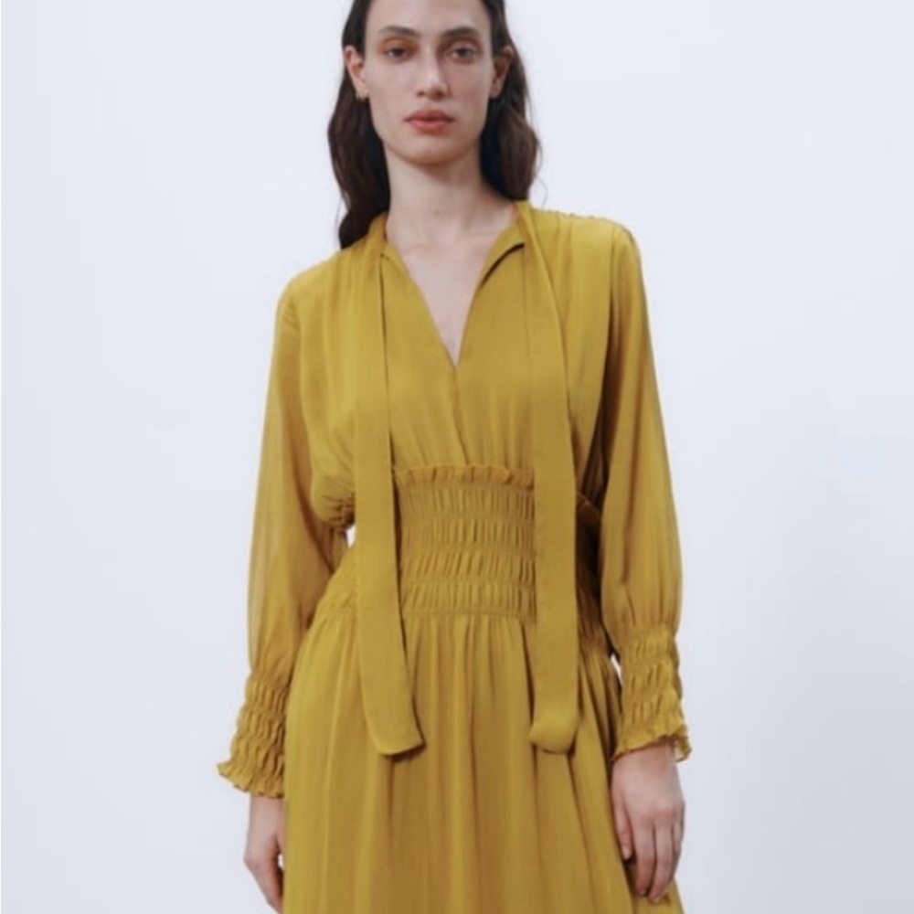 ZARA DRESS WITH BOW AND ELASTIC WAIST MUSTARD SZ L